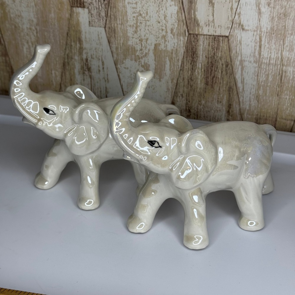 2 Vintage Porcelain Elephants Figurines‎ Iridescent Pair Made in Brazil